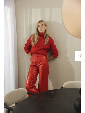 Line & Dot Red Vegan Leather High-Waist Wide-Leg Pants